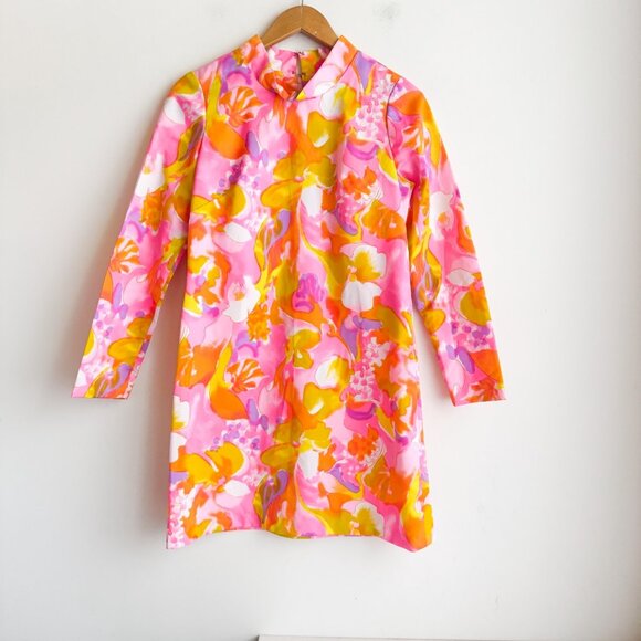 Vintage 60s Acid Pink Mod Long Sleeve Mini Dress M - Picture 4 of 6